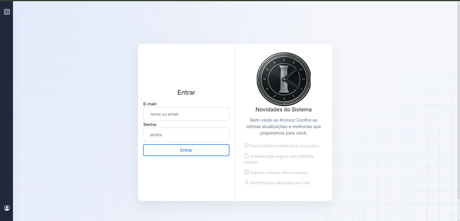 Tela de login do Kronos